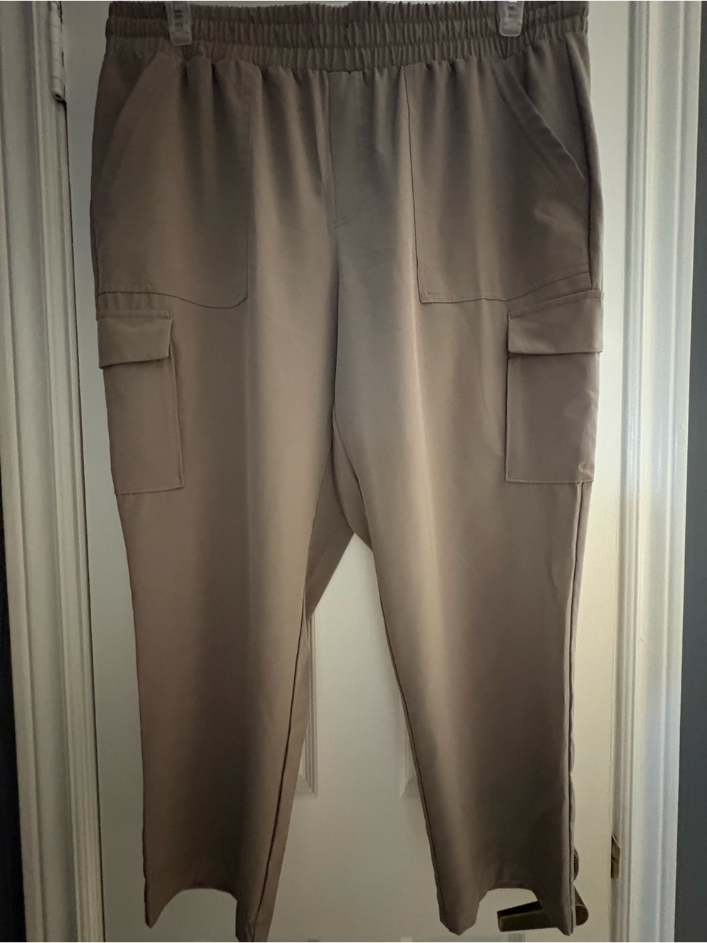 Women's Lightweight NCropped Cargo Pants in Taupe - Elastic Waist, Pocket Detail